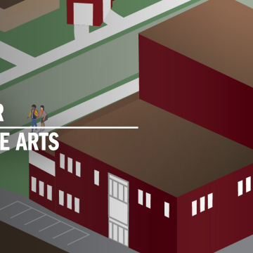 An vector image of the Center for the Arts with text labeling the image.