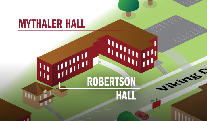 A small image of a map of Valley City State University focusing on Mythaler and Robertson Hall