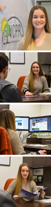 Column of 4 images. 1, headshot of Macy Schlaht with VCPR logo in the background, 2, girl handing a folder across a desk to a boy, 3, girl sitting at desk looking at 2 computer monitors, 4, girl flipping through publication