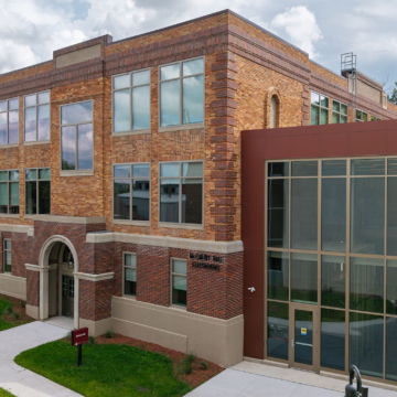 Aerial drone photo showing exterior of McCarthy Hall