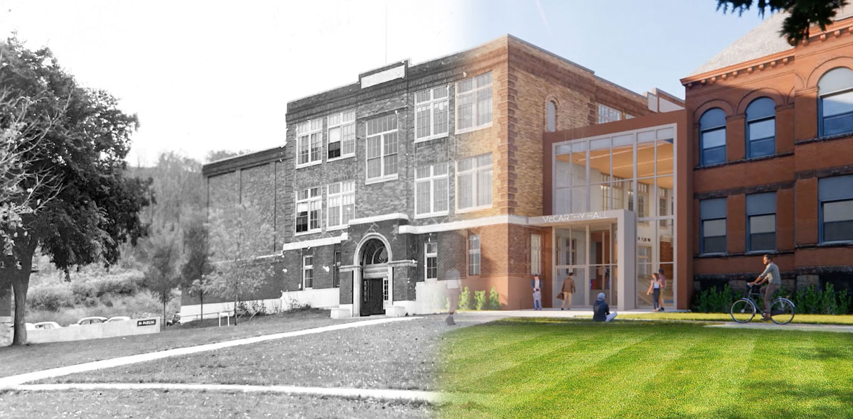 A picture of McCarthy Hall when it was first built along with a rendering of the future version of the Hall. 