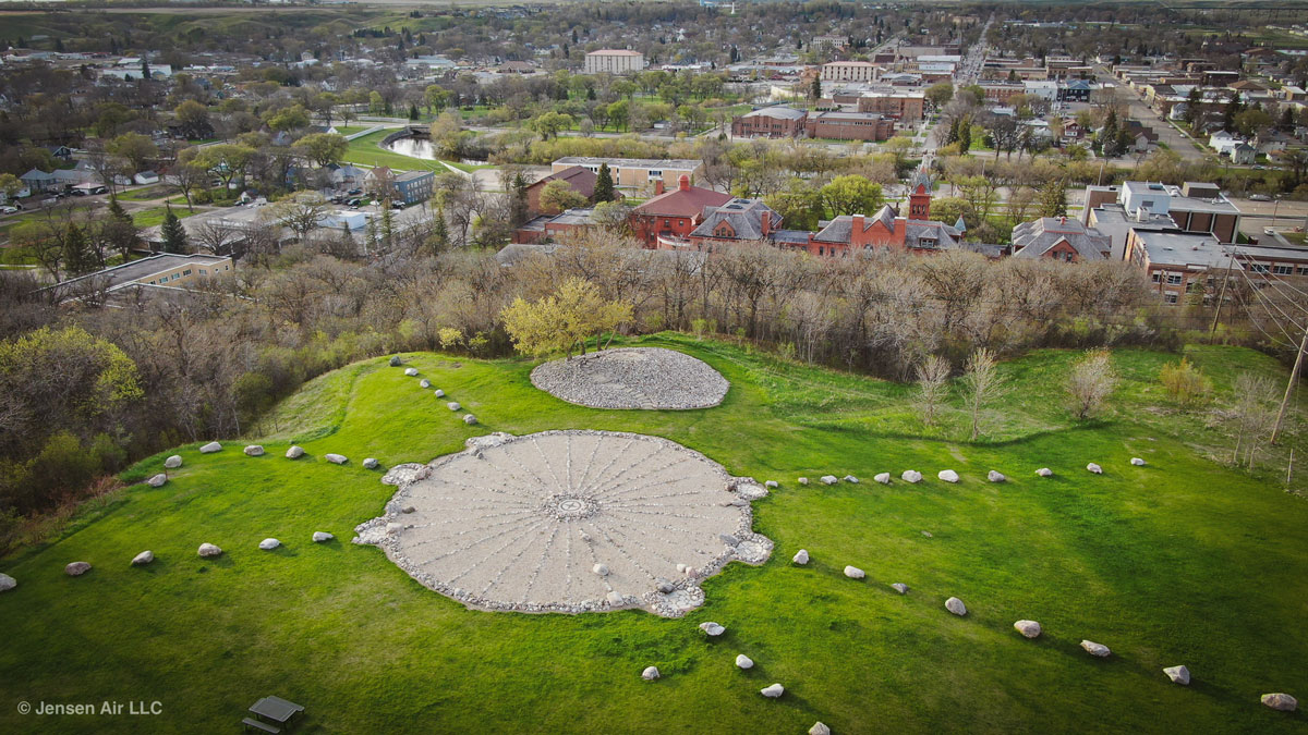 An aerial photo of the calendar at Medicine Wheel Park on the hill overlooking Valley City State University