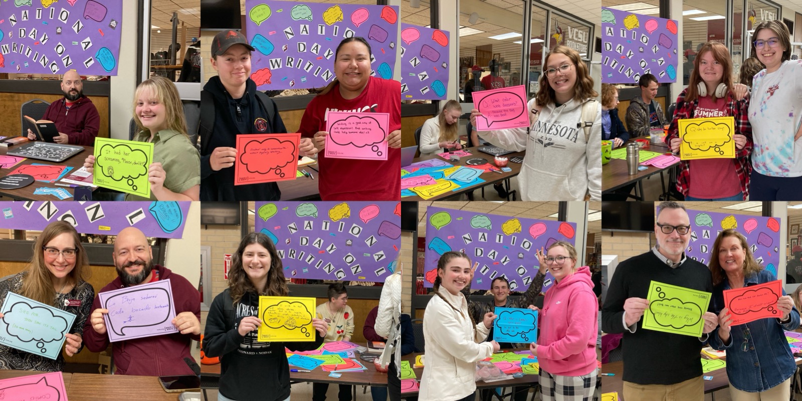Students holding up signs and responses from Why I Write exercise