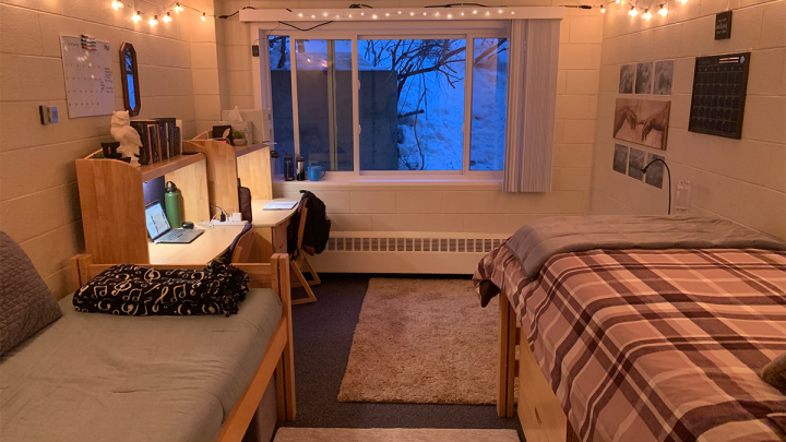 Wide shot of a dorm room in Robertson Hall