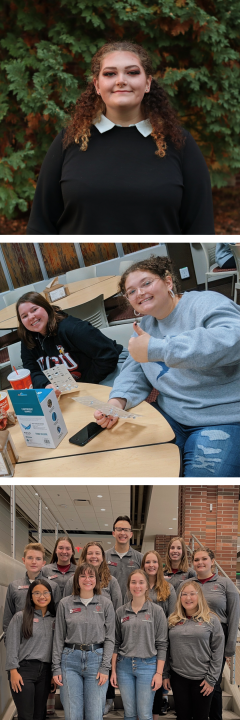 Three square photos in a column; top; headshot of Kiara; middle; Kiara with another girl in the cafeteria; bottom; Kiara and other Student Senators at a conference