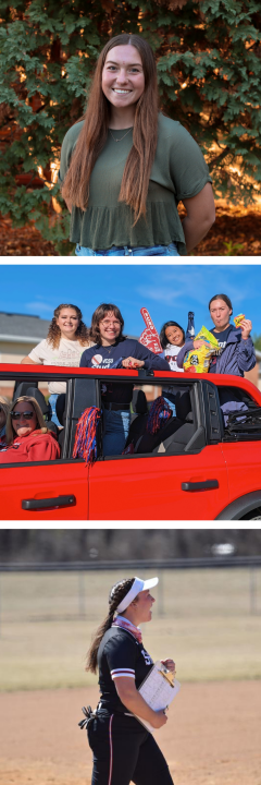 Three photos in a column; first, girl in green shirt in front of greenery, second, four girls smiling while in the back of a car during a parade, third, girl in softball uniform holding a clipboard crossing a softball field