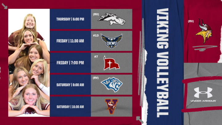 volleyball players with decorative schedule that can be found on the VCSU Vikings website