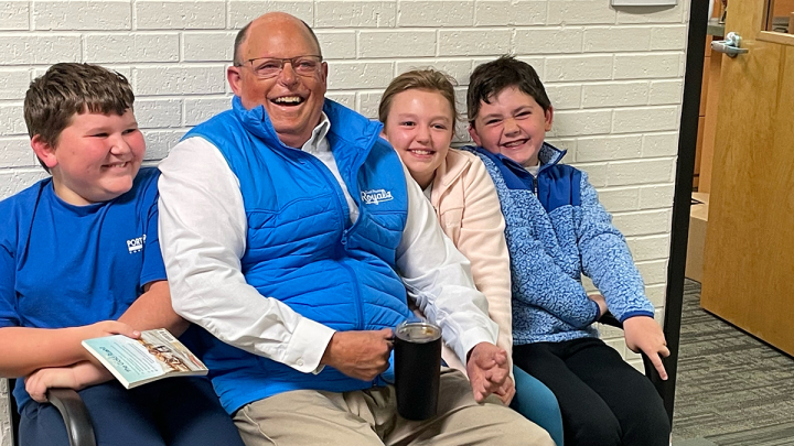 Superintendent Stanley with students at South Prairie School