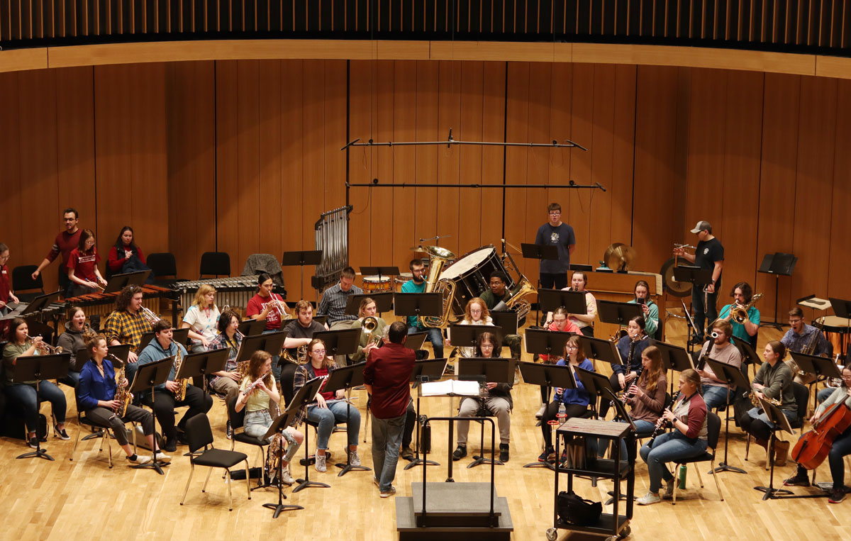 aerial view of band practice in the Center for the Arts