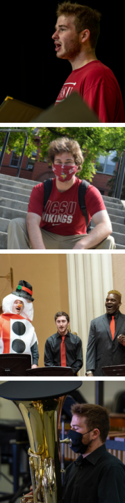 Column of four photos with Bill Egan. 1, Bill singing, 2, Bill sitting on outdoor stairs, 3, Bill in a Snowman costume at a Christmas concert, 4, Bill playing the baritone