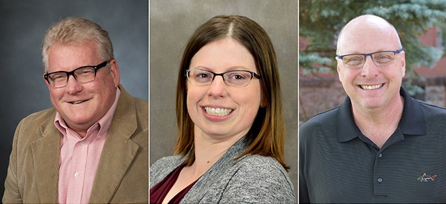 These three individuals — (l to r) Lee Kruger, Angela Mircsov and David Hanson — received the VCSU Faculty Excellence Awards for 2019-20.