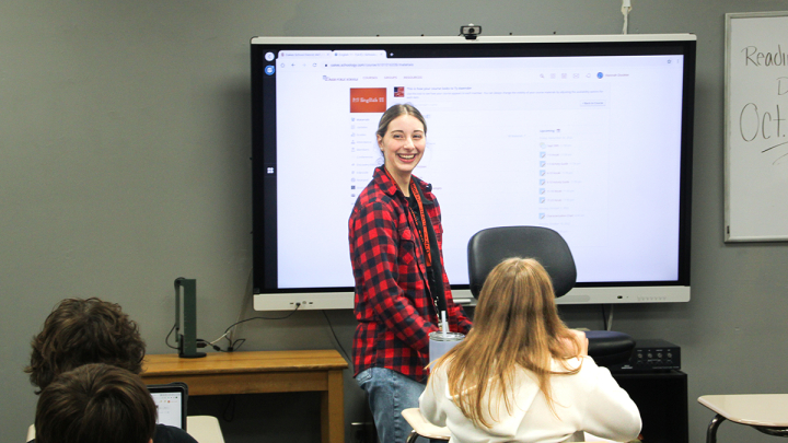 New teacher and VCSU graduate Hannah Dockter, '22, in the English classroom in Oakes, ND