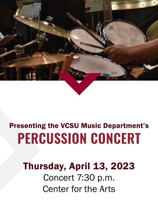 Percussion concert graphic with photo of drums